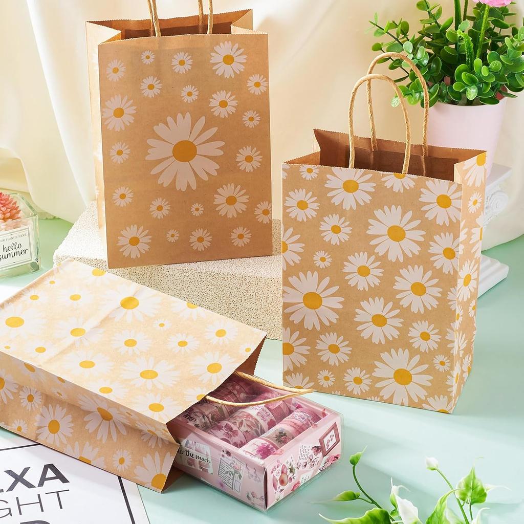 Cheriswelry 12Pcs Kraft Paper Bags Daisy Flower Paper Gift Bags Brown Shopping Bags with Handles 20.1x14.8x0.2cm for Wedding Party Favors Packaging