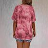 Women Pink Tie Dye Lace Up V Neck Short Sleeve Casual Loose Fit T Shirt