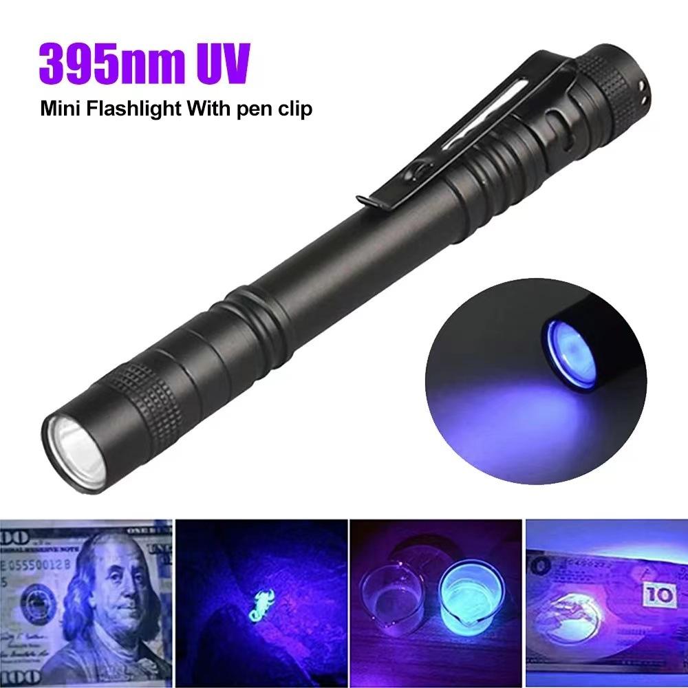 Flashlight Pen Holder Mini Waterproof and Convenient LED Aluminum Alloy UV395nm Purple Light Pen Light No. 7 AAA Dry Battery Light