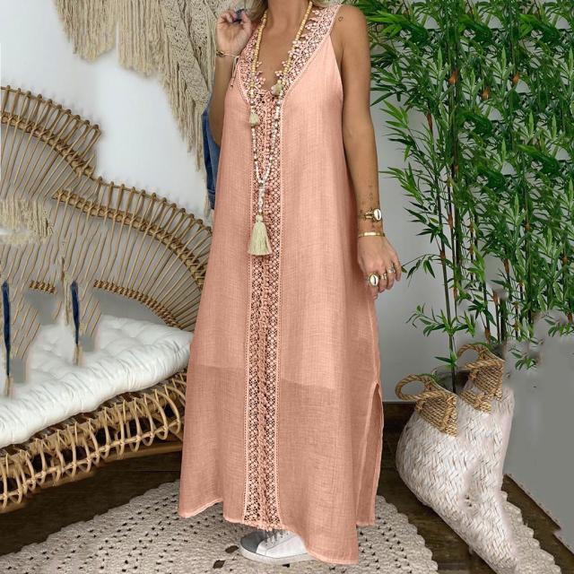 Neues V-Ausschnitt Mode Spitze Spitze Spleißkleid Damen Langes Kleid