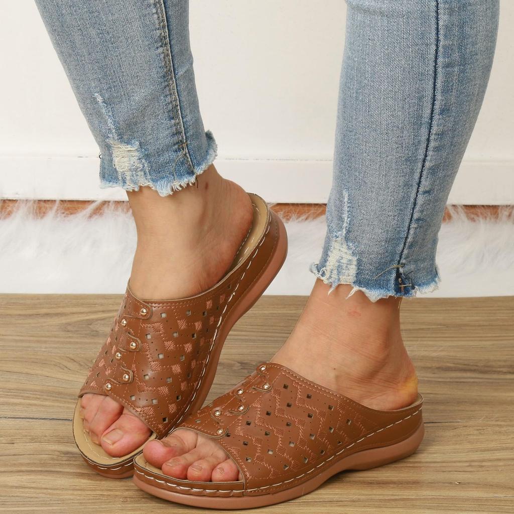 Breathable Hollow Woven Slide Sandals for Women Lightweight Slip On Casual Beach Shoes Comfortable Outdoor Flats