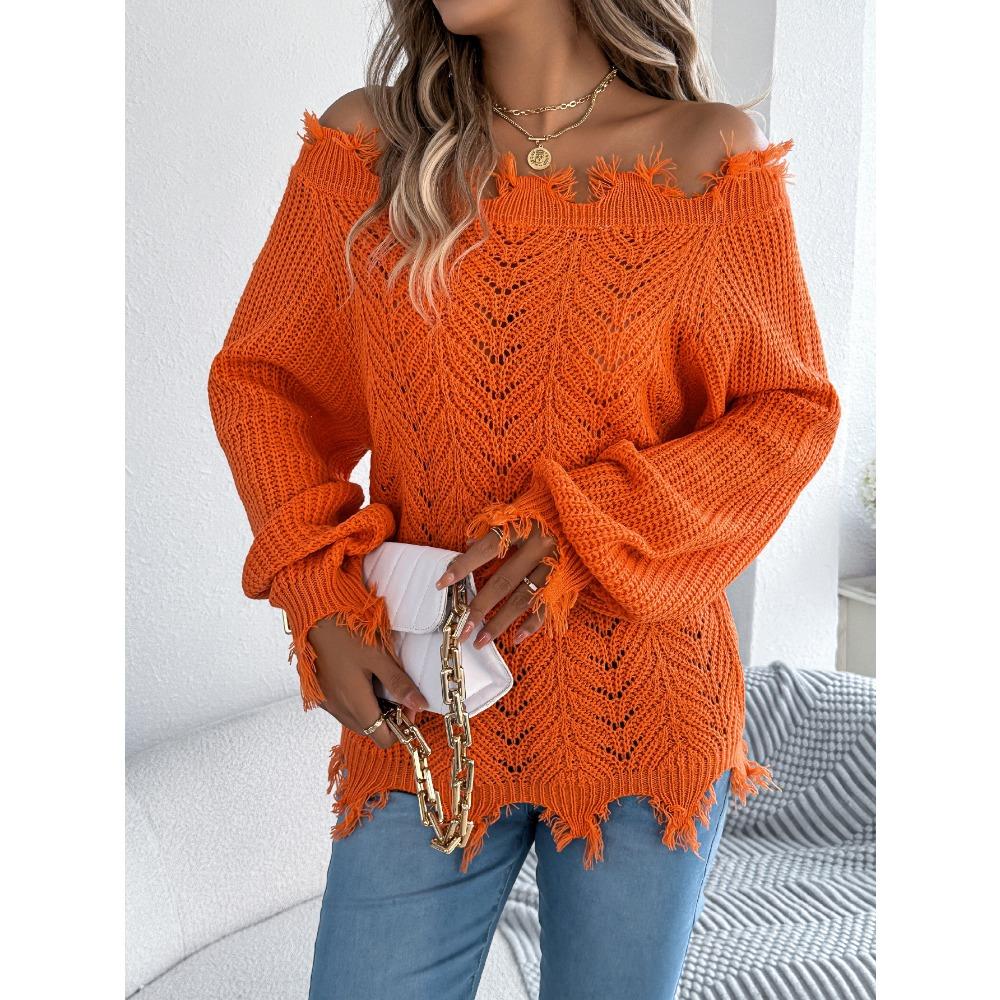 Women's Knitted Sweater for Autumn/Winter Solid Colour Lace-Up Long Sleeves Ragged Hem Off-Shoulder Pullover Loose-Fit Top