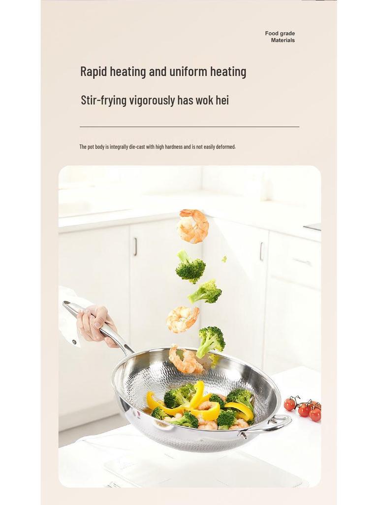 Non-stick 304 Stainless Steel Hammered Wok for Gas and Induction Cooktops