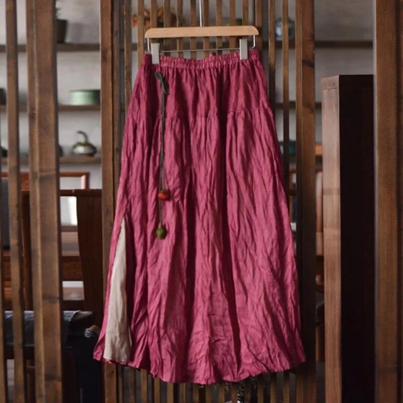 Johnature Women Vintage Skirts Elastic Waist Solid Color Clothes Spring Loose Patchwork Women Casual A-Line Skirts
