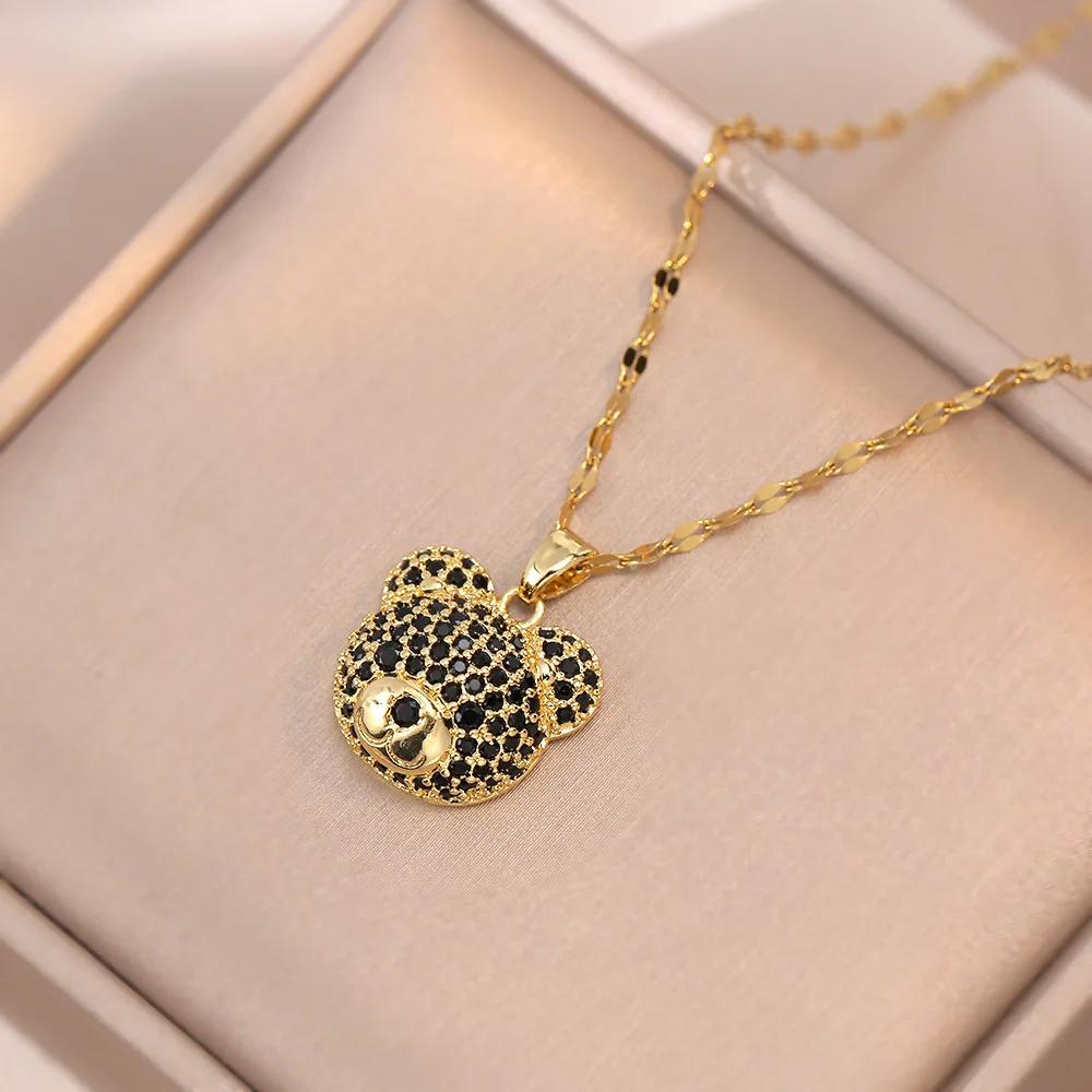 Cartoon Cute Animal Bear Encrusted with Zircon Necklaces Fashion Stainless Steel Collarbone Chain Gift for Women Friends