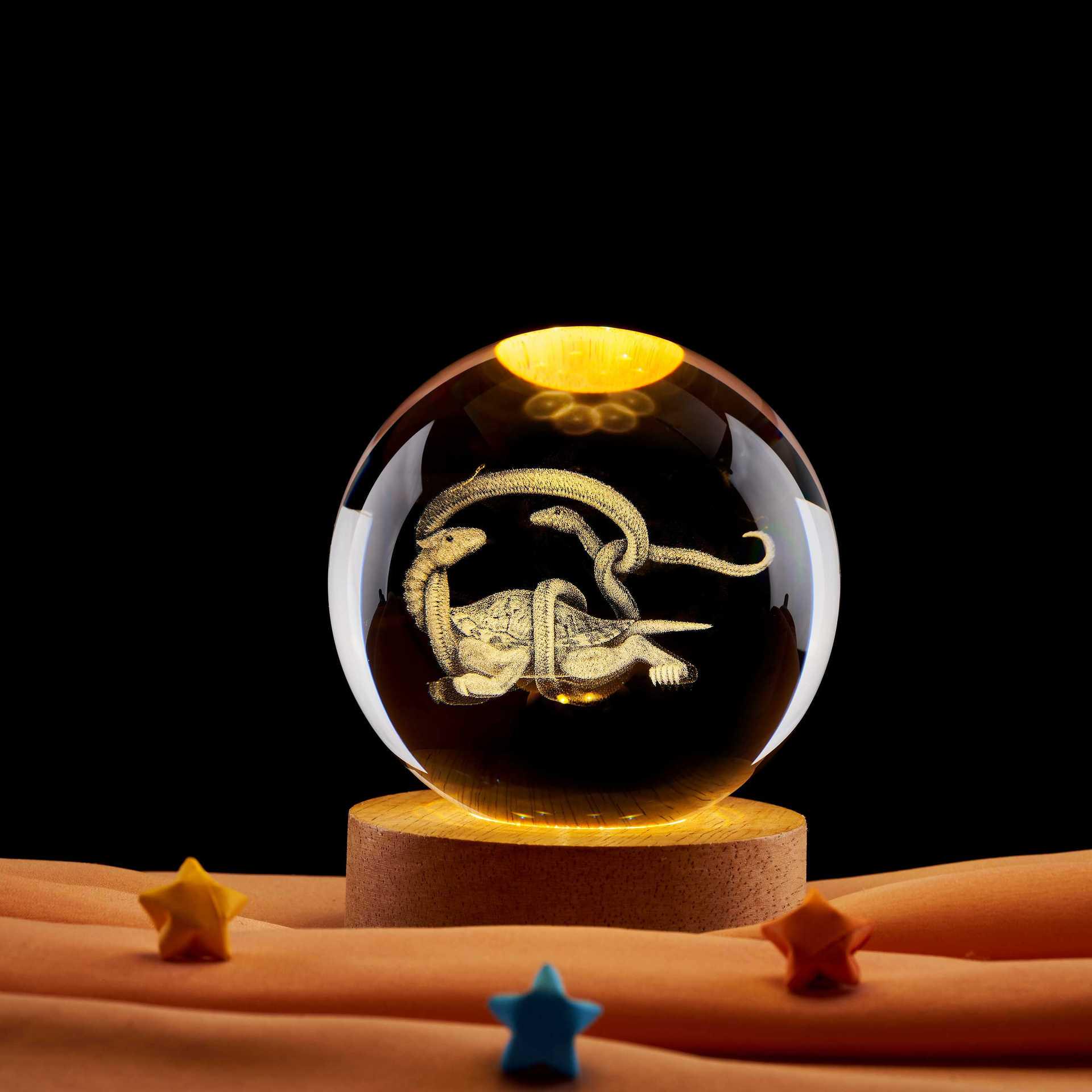 Black Tortoise Night Light: 3D Carved Crystal Ball Ornament, Qixi Festival Gift