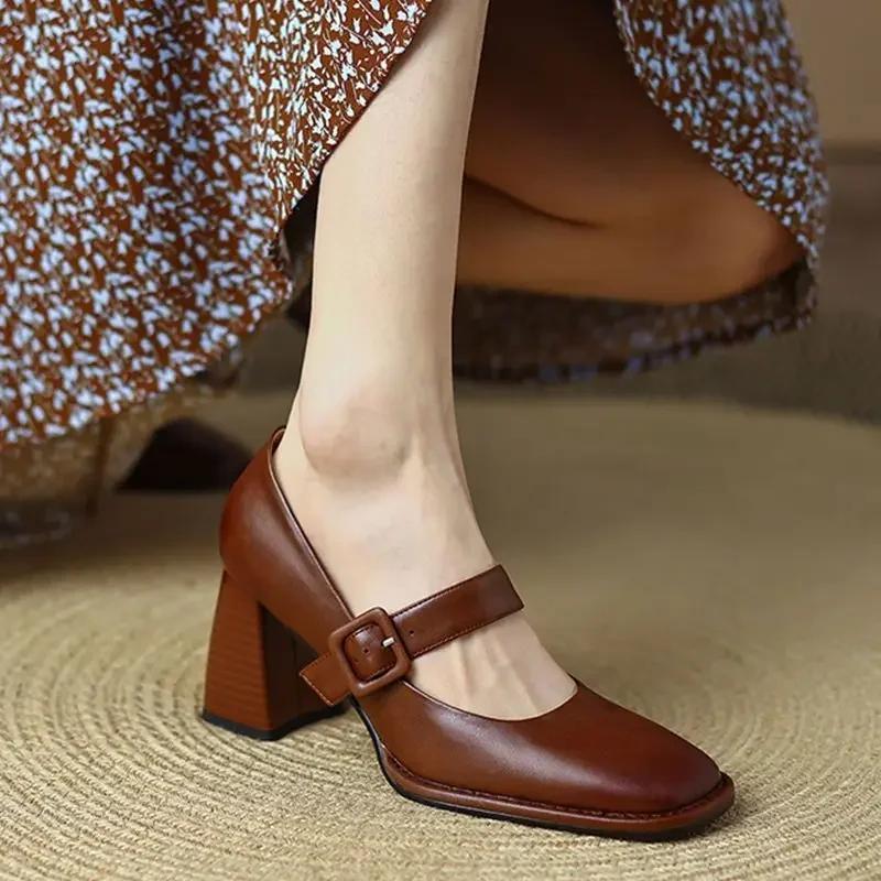 Vintage Brown Single Shoe Women's 2025 New Shallow Slip-on High Heel Shoe Thick Heel Mary Jane Woman's Summer Flat