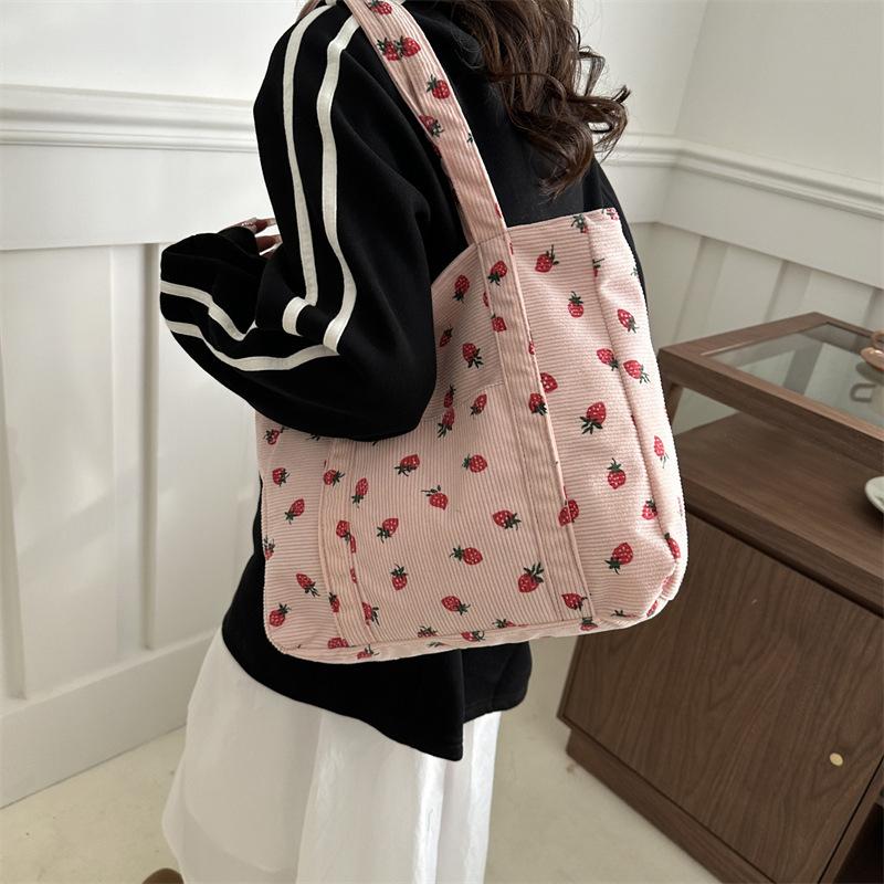 Forest Fresh Corduroy Handbag Strawberries Sweet Versatile Shoulder Bag Large Capacity Commuter Women'S Tote Bag