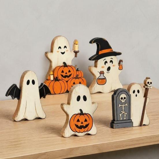 Halloween Ghost Wooden Table Decor Cute Sign, Pumpkin Tombstone Plaque Lightweight Party Supplies for Tiered Tray Decor, Spooky Festive Home Ornament