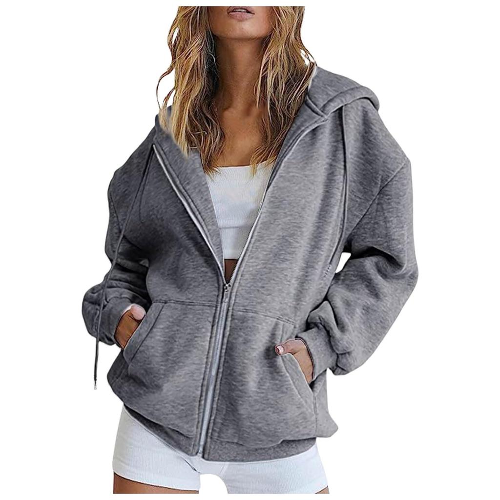 Damen gefütterter Reißverschluss Hoodie Farbe Lockerer Schnitt Lässiges Oberteil