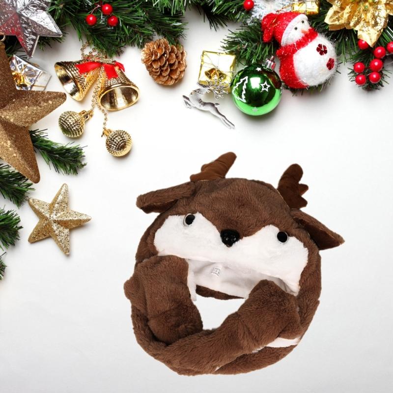 Plush Animal Hat Winter Warm Beanie with Long Ear Flaps Cute Elk with Moving Ears Christmas Gift for Teens Boys Girls