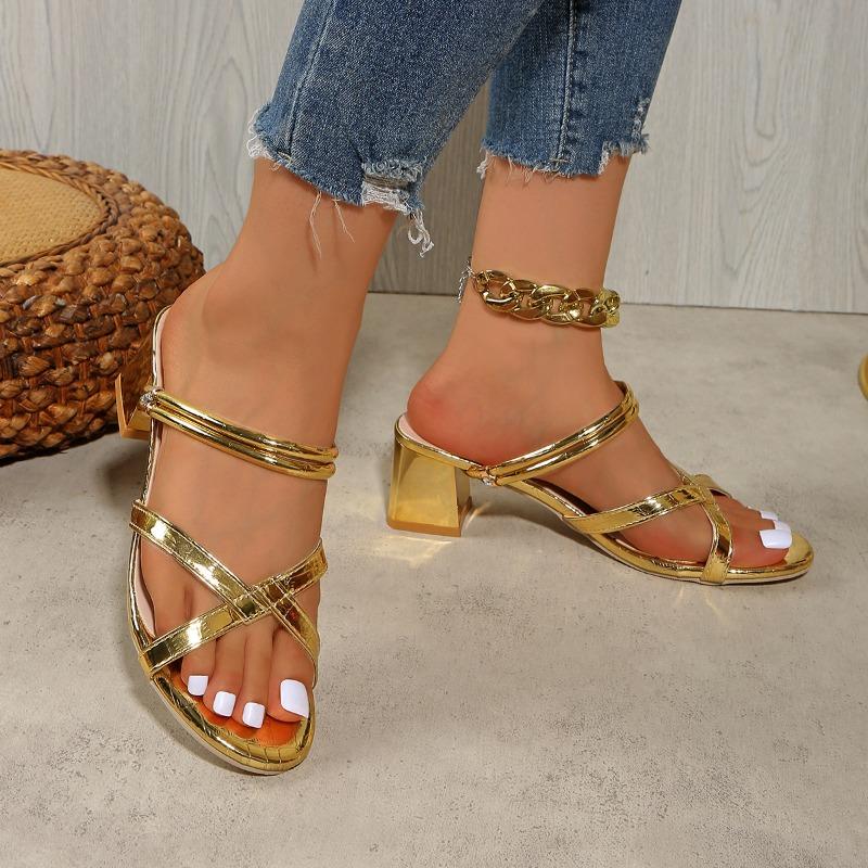 2025 New Fashion Golden Narrow Band Sandals Women Thick Casual High Heels Shoes Silver Ankle Wrap Sandal Women Shoes for Women