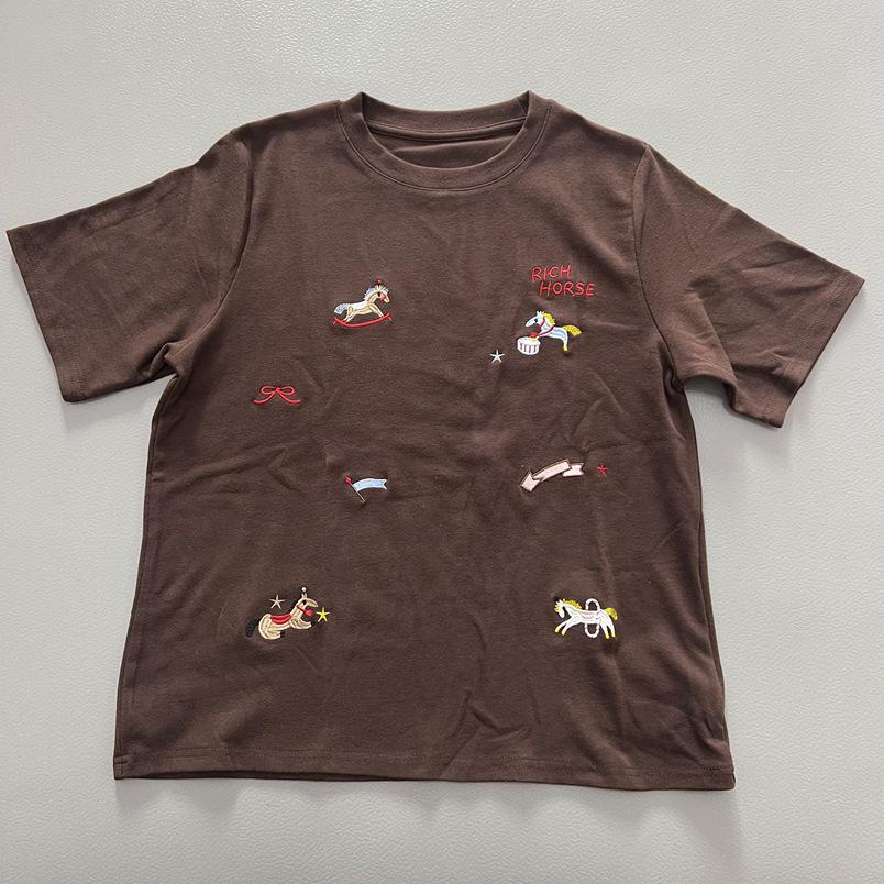 Brushed Red Pony Embroidery Women's Short Sleeve Round Neck Casual Spring T-shirt