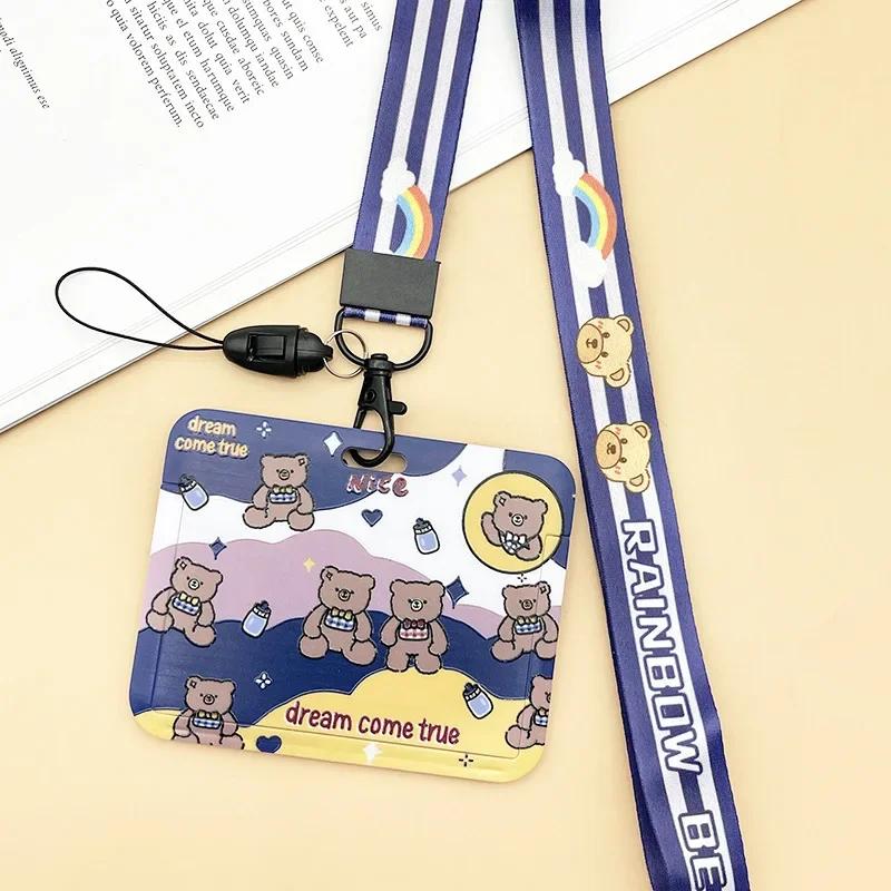 Horizontal Cute Cartoon Push Pull Card Covers Bus Card Sleeve Game Cards Case Credit Card Holder Lanyard Work Permit Holder
