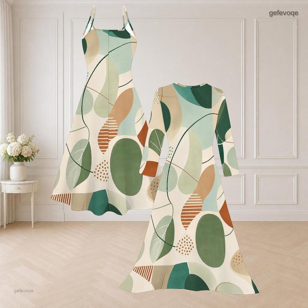 Women Plus Size Two Piece Set Geometric Leaf Printed Strappy V Neck Flared Dress And Long Sleeve Open Front Cardigan