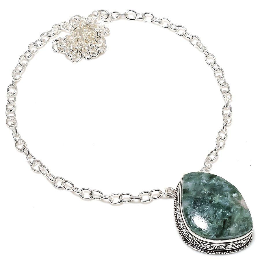 

Ожерелье ручной работы из стерлингового серебра 925 пробы с натуральным серафинитом, 18 дюймов, E2Z29