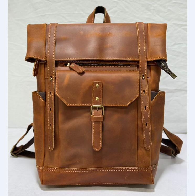 Men's Wear-Resistant Crazy Horse Leather Backpack for Travel and Hiking