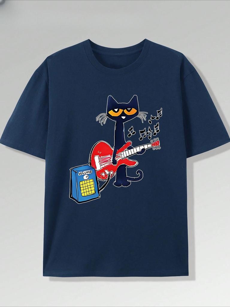 Summer New Vibrant Music Guitar Kitten Print T-Shirt Pure Cotton Short Sleeved Round Neck Top, Fashionable and Casual Boutique