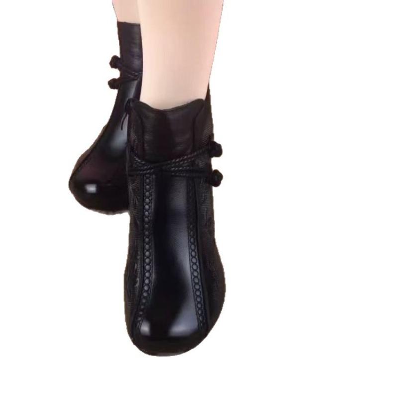 Retro Weiche Leder Stiefeletten, Baumwollstiefel, Damen Herbst- und Winter Einzelstiefel, Schuhe mit runder Spitze