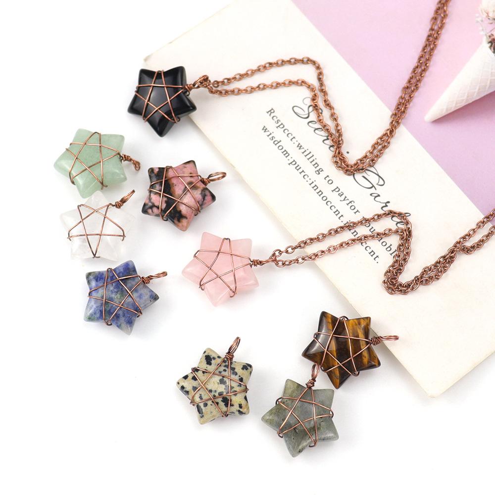 Hand-Wound Retro Natural Crystal Agate Pentagram, Amethyst Star Necklace N582