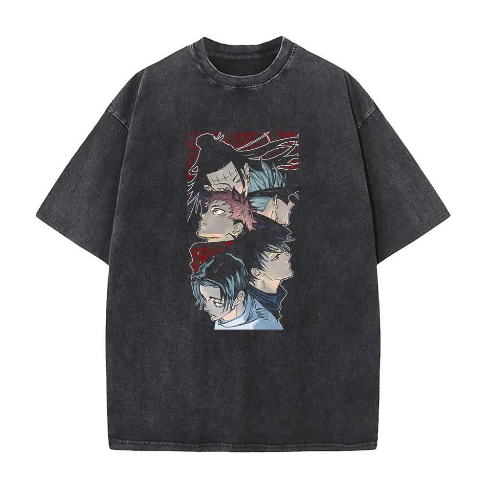 Anime Jujutsu Kaisen Itadori Yuji Fushiguro Megumi Print T-shirt Men Casual Tshirts Vintage Washed Tee Harajuku Cotton T Shirt