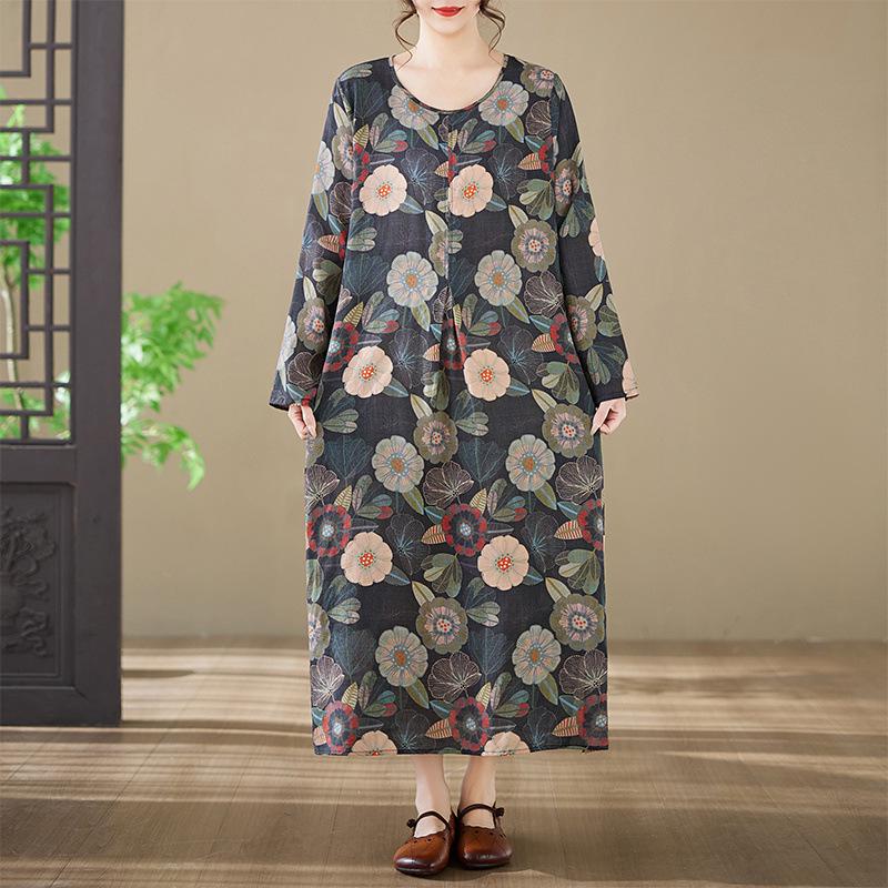 Spring 2026 New Style Plus Size Printed Long-Sleeved Dress with Round Neck