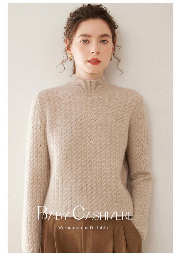 Women's Half-High Collar Cable Knit Cashmere Sweater - Korean Style Thick Pullover for Autumn and Winter