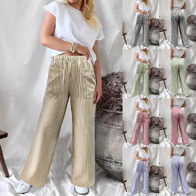 2025 New Autumn and Winter Women's Loose Striped Pocket Fashion Casual Wide Leg Pants for Women