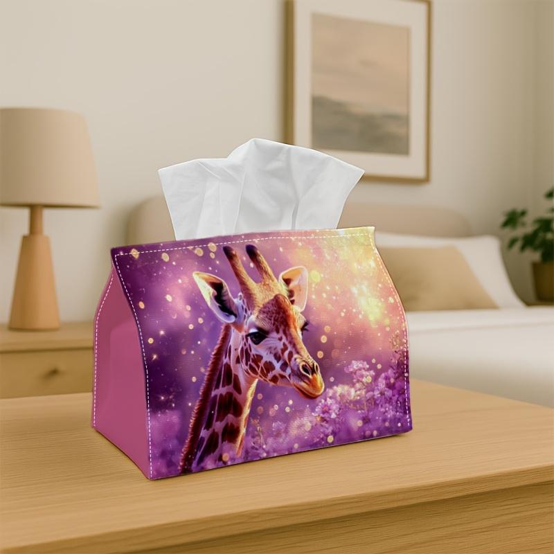 1pc Dreamy Giraffe Portrait Tissue Box with Magical Animal Purple Pink-Fabric Napkin Storage Organizer for Kitchen,Car,Elegant Decorative Box,Purpose