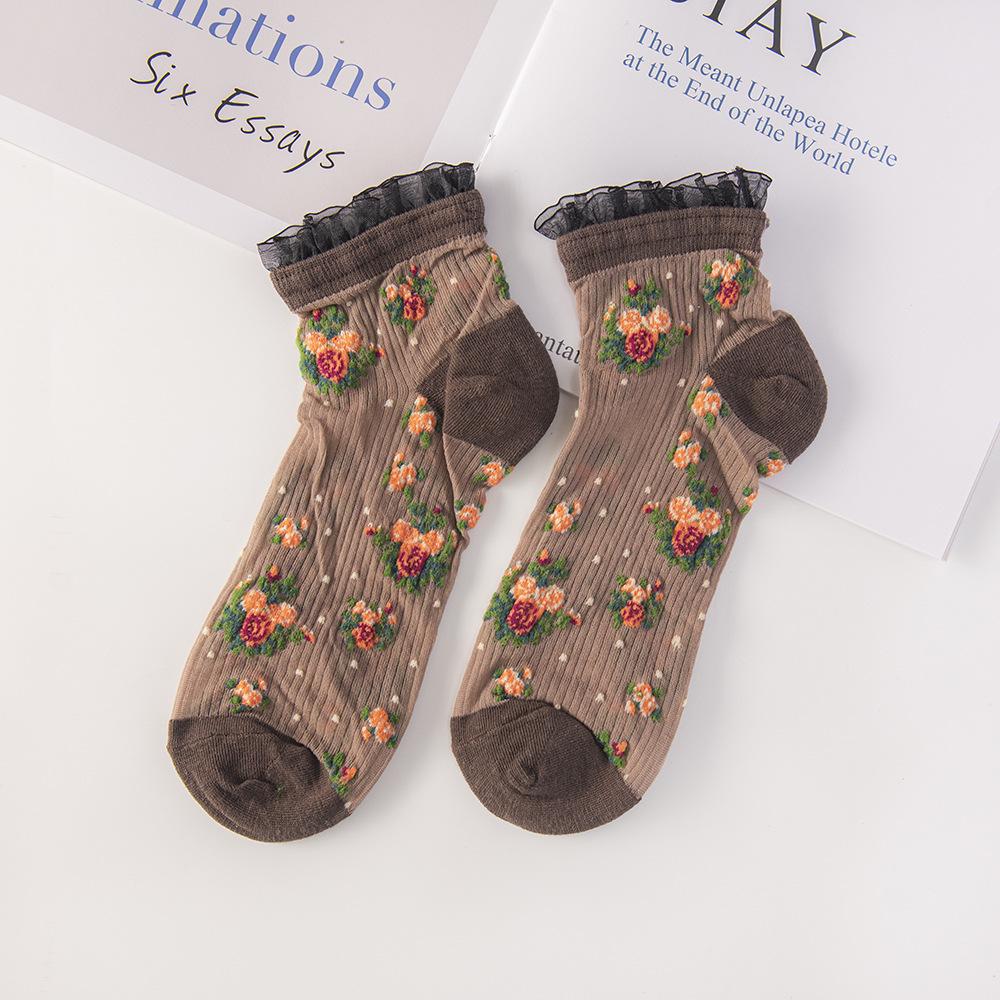 

Цветочные короткие носки с оборкой - Корейский модный милый стиль для женщин One Size кофейный