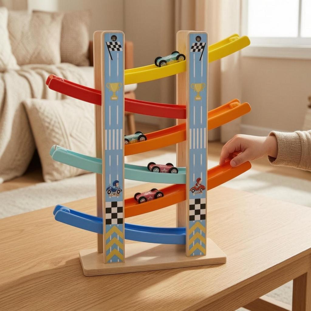 Four-Track Sliding Car Toy Educational Wooden Ramp Race Track Set Racetrack