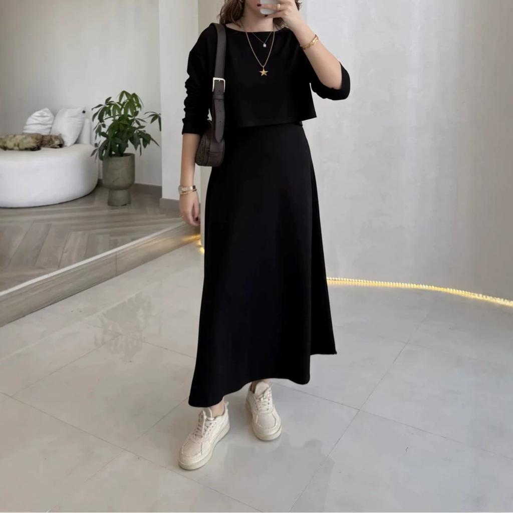  European and American Amazon Women's New Crew Neck Long Sleeve Loose T-Shirt Suspender Slim Dress Temperament Set