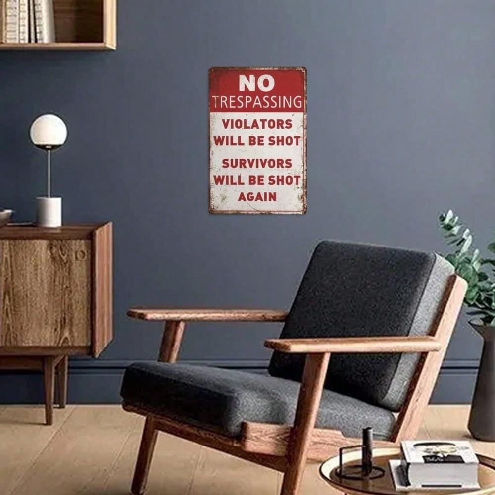Funny No Trespassing Vintage Metal Sign, Shooting Survivors Warning Rustic Pub Decor Distressed Finish Outdoor Indoor