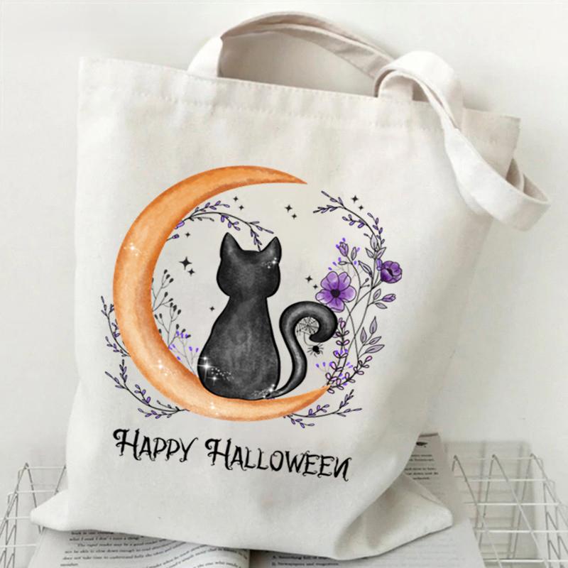 Cat Tote Bag Gothic Black Cat Shopper Halloween Party Gift Shopping Bag Spooky Seasonal Fun Animal Women's Tote Bag
