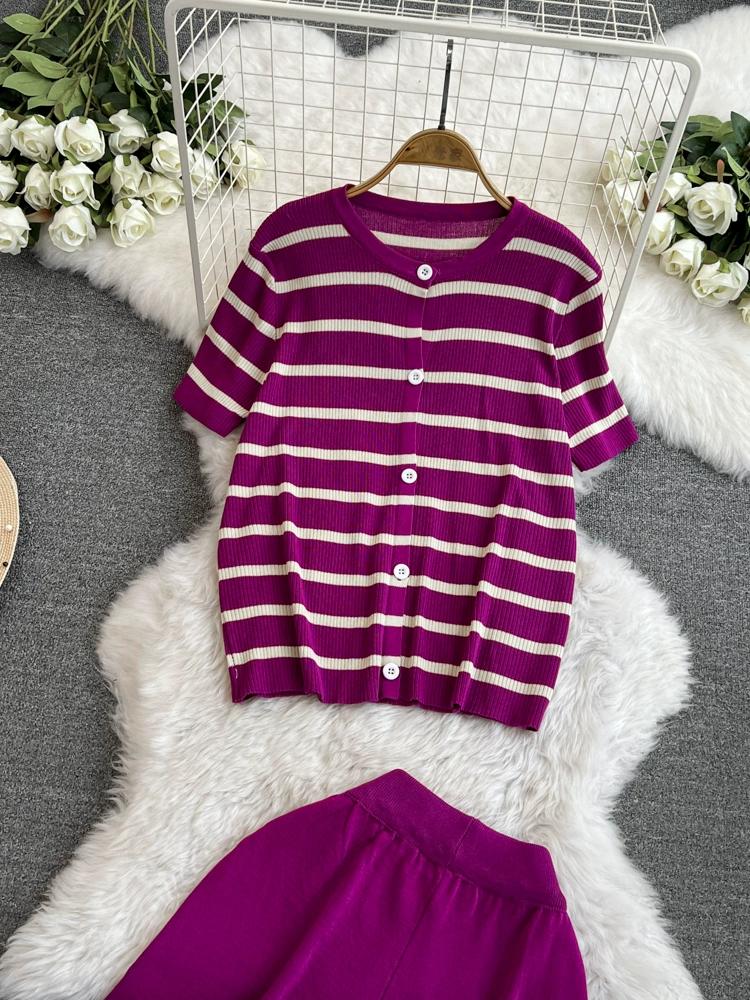 Summer Women Casual Knitted Sweater Pant Set Single Breasted Striped Tops and Shorts Chic Student Two Piece Suit