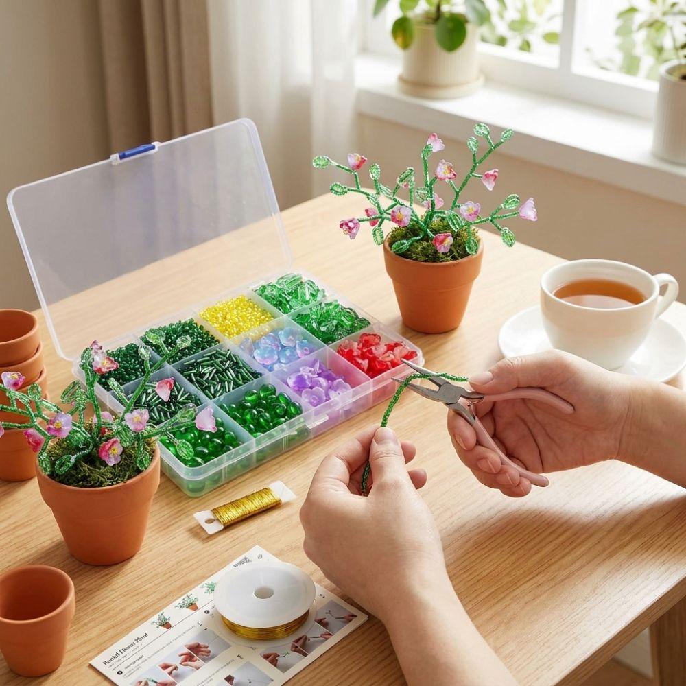 Self-make Beaded Flower Leaf Craft Set Succulent Cactus Glass Bead Floral Craft Box Jewelry Making