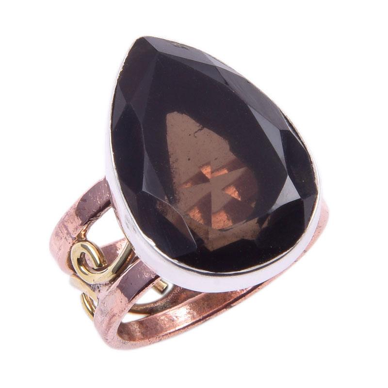 Natural Smoky Quartz Gemstone 925 Sterling Silver Jewelry Two Tone Ring S.6 Y9A08