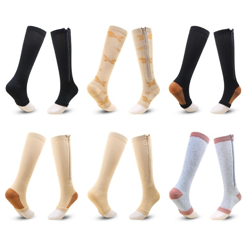 Zipper Compression Socks for Women and Men Over the Calf Knee High 15-20mmHg Open Toe Compression Stockings for Walking