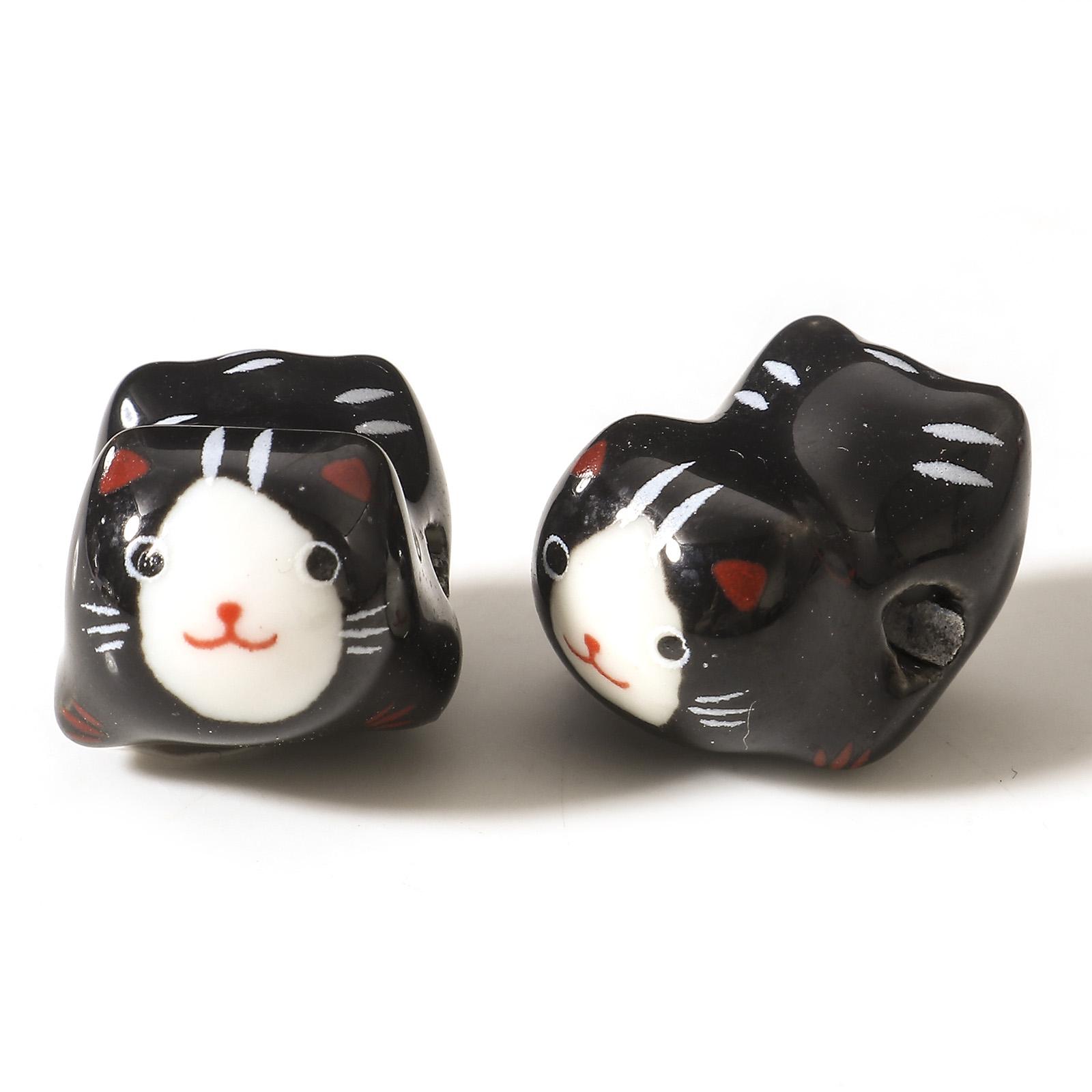 

3D Cute Cat Ceramic Beads For DIY Charm Jewelry Making Cat Animal Bead Findings About 16mm x 13mm, Hole: Approx 2.5mm, 2 PCs чорний