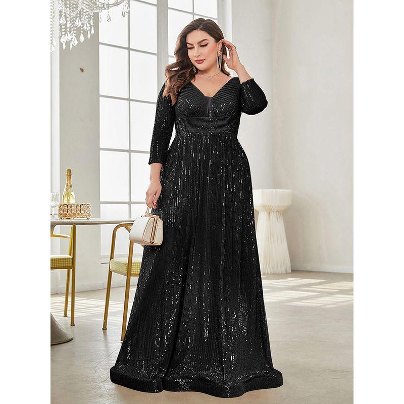 Cross-Border Amazon New Evening Dress Plus Size Sequined Long-Sleeved V-Neck Elegant Long Dress for Parties and Banquets