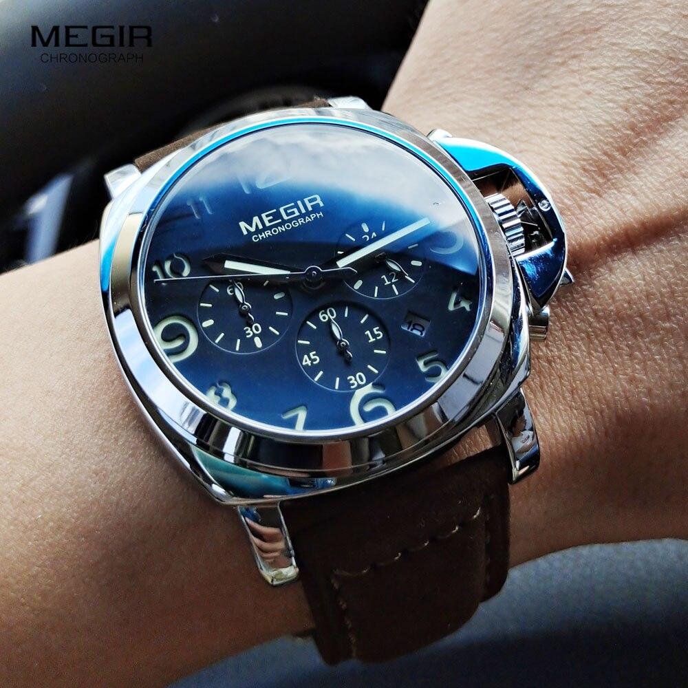 MEGIR Orologio Uomo Quadrato Cronografo – Design Lega Luminosa, Pelle Marrone-Blu, Impermeabile 3ATM