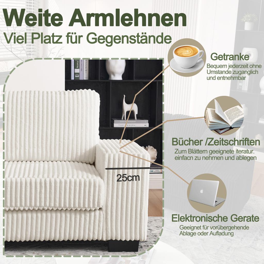 Divano ad Angolo a L - 4 Posti, 256,5 x 133,5 x 89 cm, Velluto a Coste Classico, Design Modulare con Pouf Ovale, 2 Cuscini Inclusi, Beige