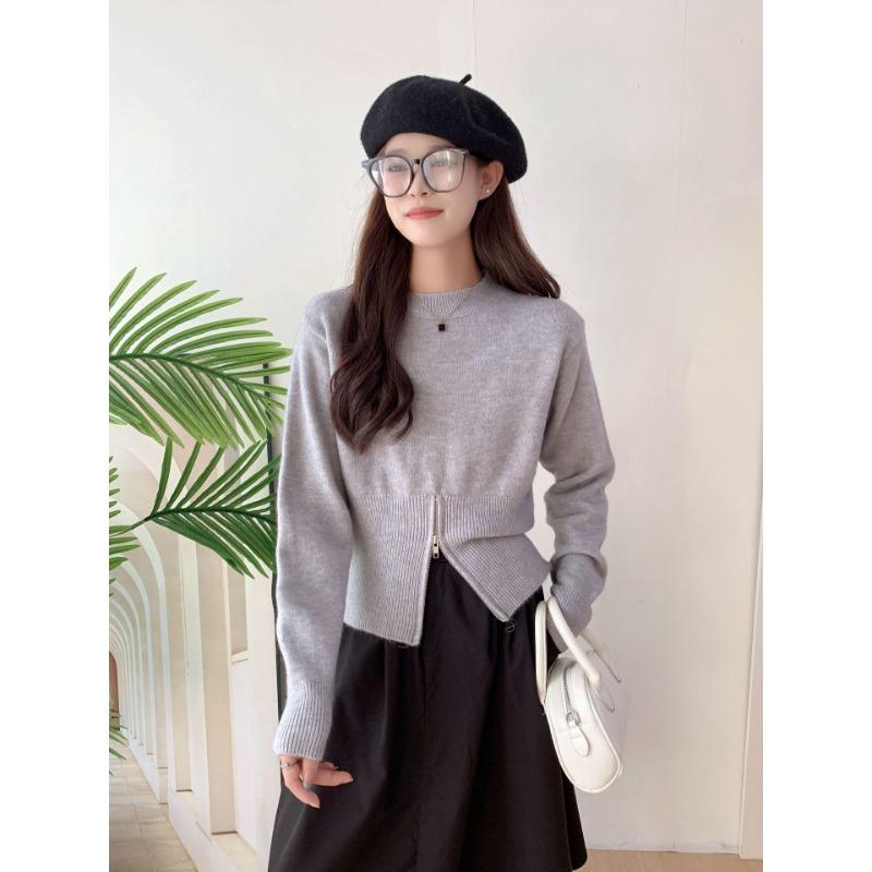 

Осень и зима новый круглый вырез с длинными рукавами мягкий восковой подол разрез дизайн смысл маленький пуловер женственный повседневный топ верхняя одежда