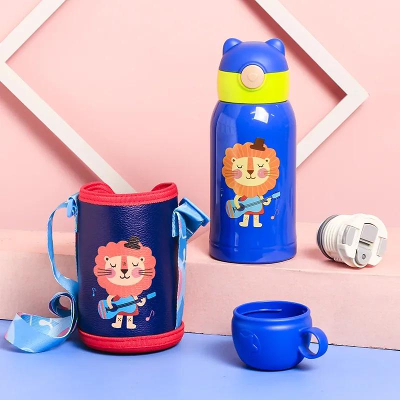 Cartoon Children's Straw Water Cup Strap Bouncing Cup Children's Vacuum Double-lid Double-layer Stainless Steel Vacuum Flask