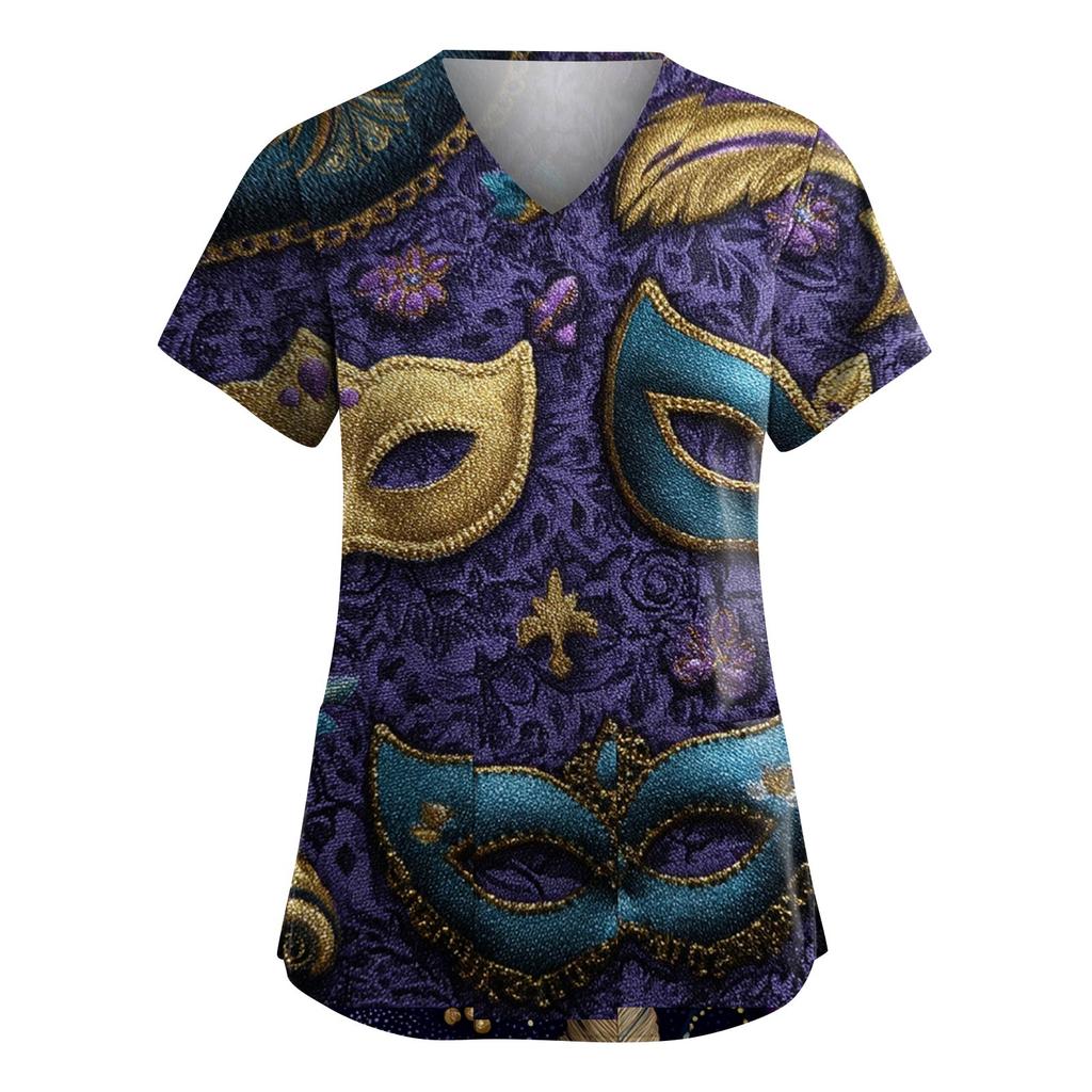 Women's Fashion V-Neck Short-Sleeved Workwear With Pockets Carnival Print Top Caregiver Uniform