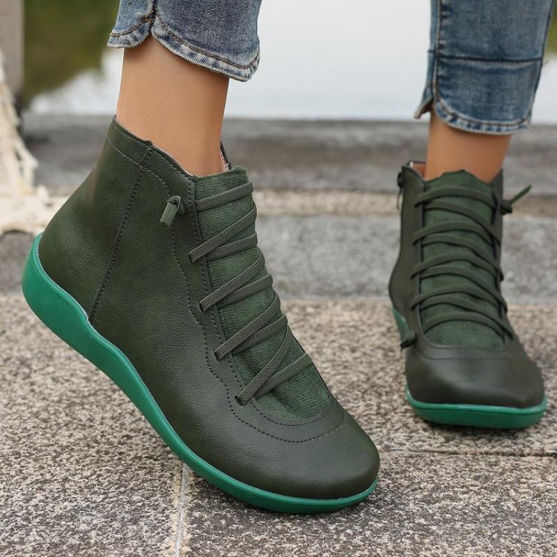 Fashion Women's Flat Single Boots Spring New Round Head Front Lacing Soft Sole Anti-slip Wear-resistant Short Boots