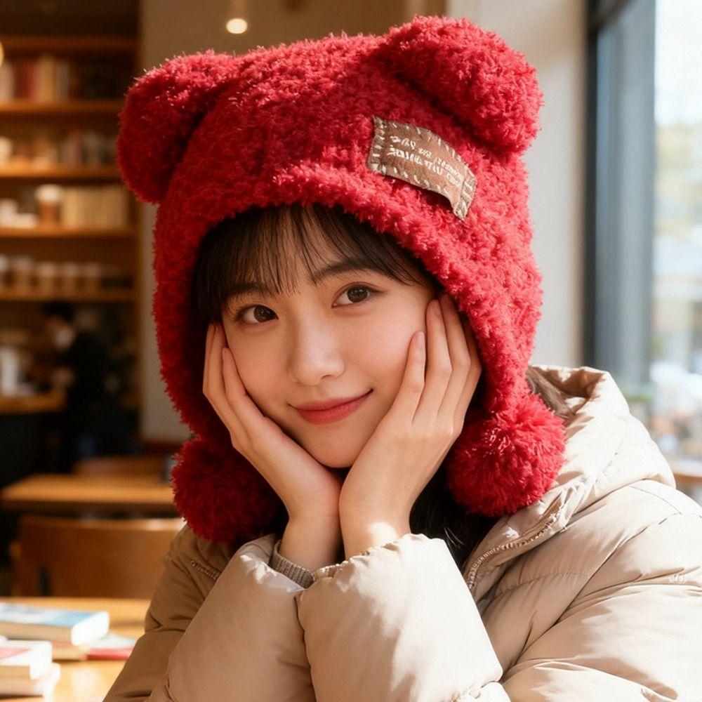 Fluffy Knitted Cap Wool Balaclava Hat Leisure Little Bear Ears Hat Female/Girls