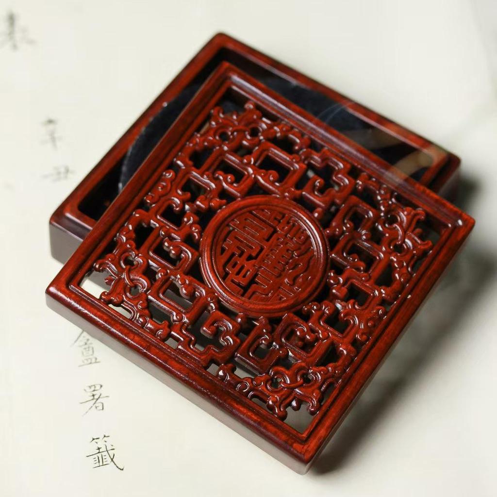 Sandalwood Ming & Qing Antique-Style Carved Incense Box and Burner, Solid Wood Zen Tea Ceremony Holder
