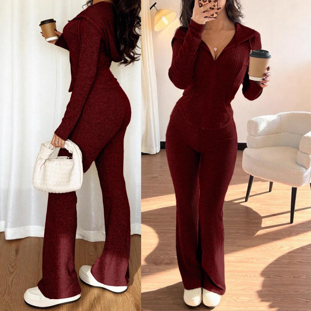 Women's Grey Hooded Zip Front Jumpsuit with Flare Leg