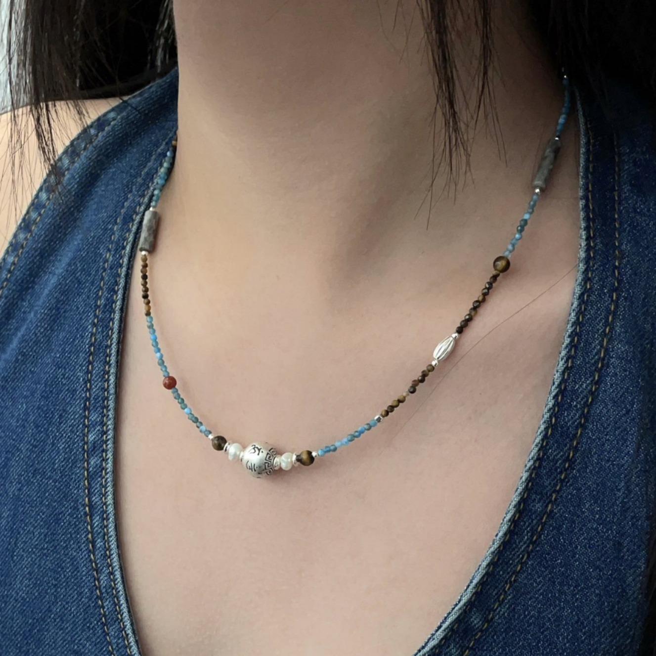 

S925 Sterling Silver Fine Natural Stone Mantra Beaded Necklace & Bracelet Set